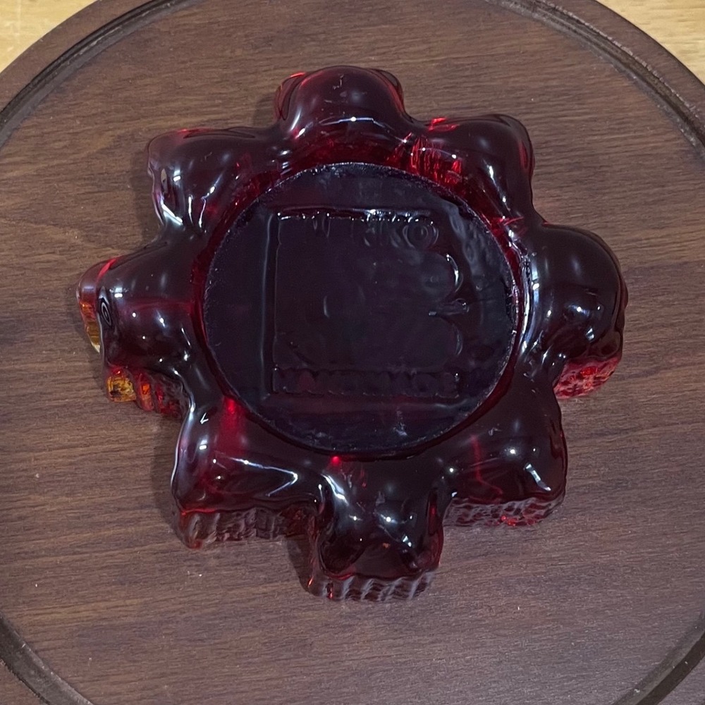 Vtg Blenko Ruby Red Amberina Glass Scalloped Paperweight Geometric 5.5" Logo